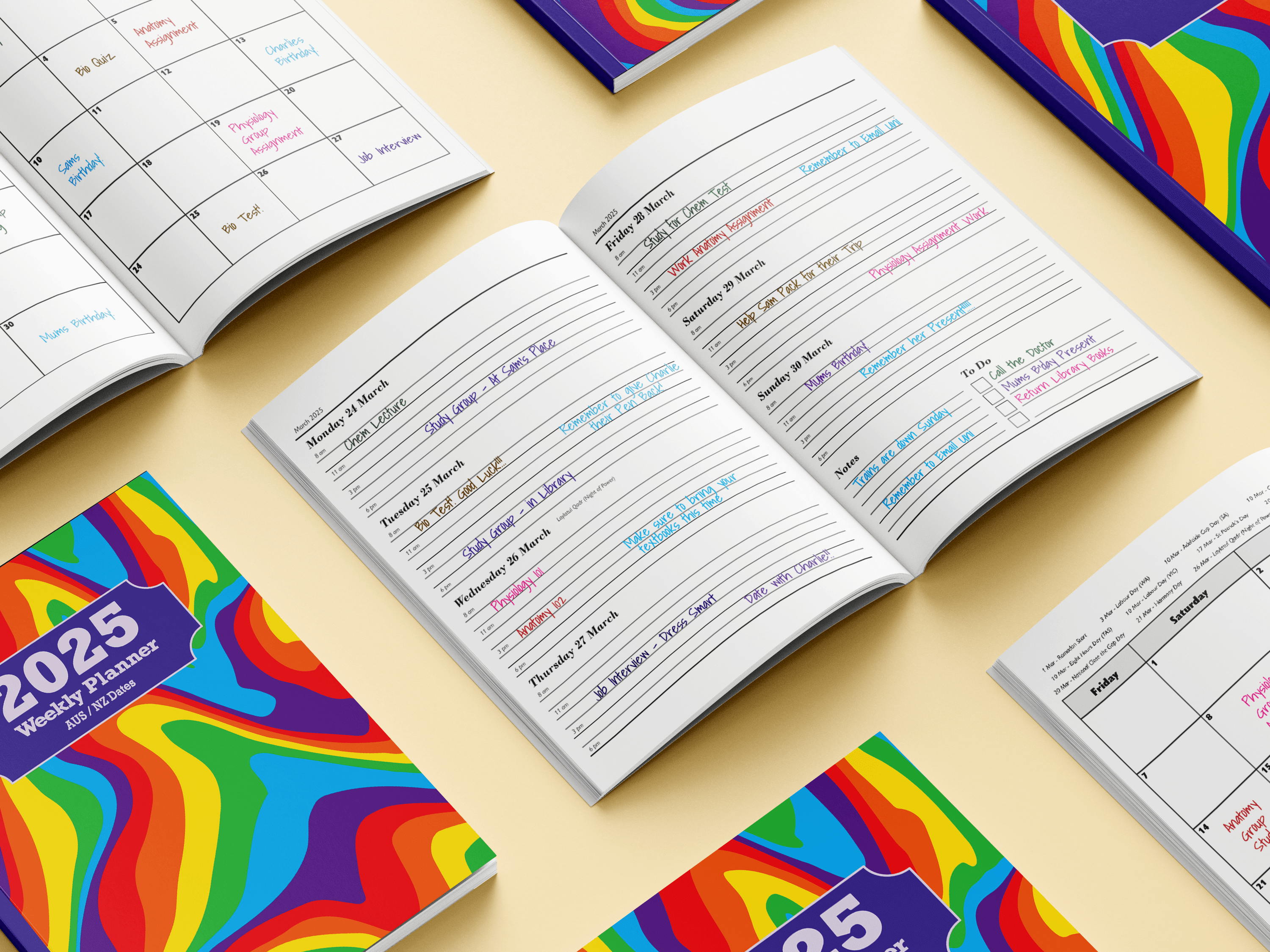 A mockup of multiple open and closed diaries from Alyssa Beaulerc's 2025 diaries.