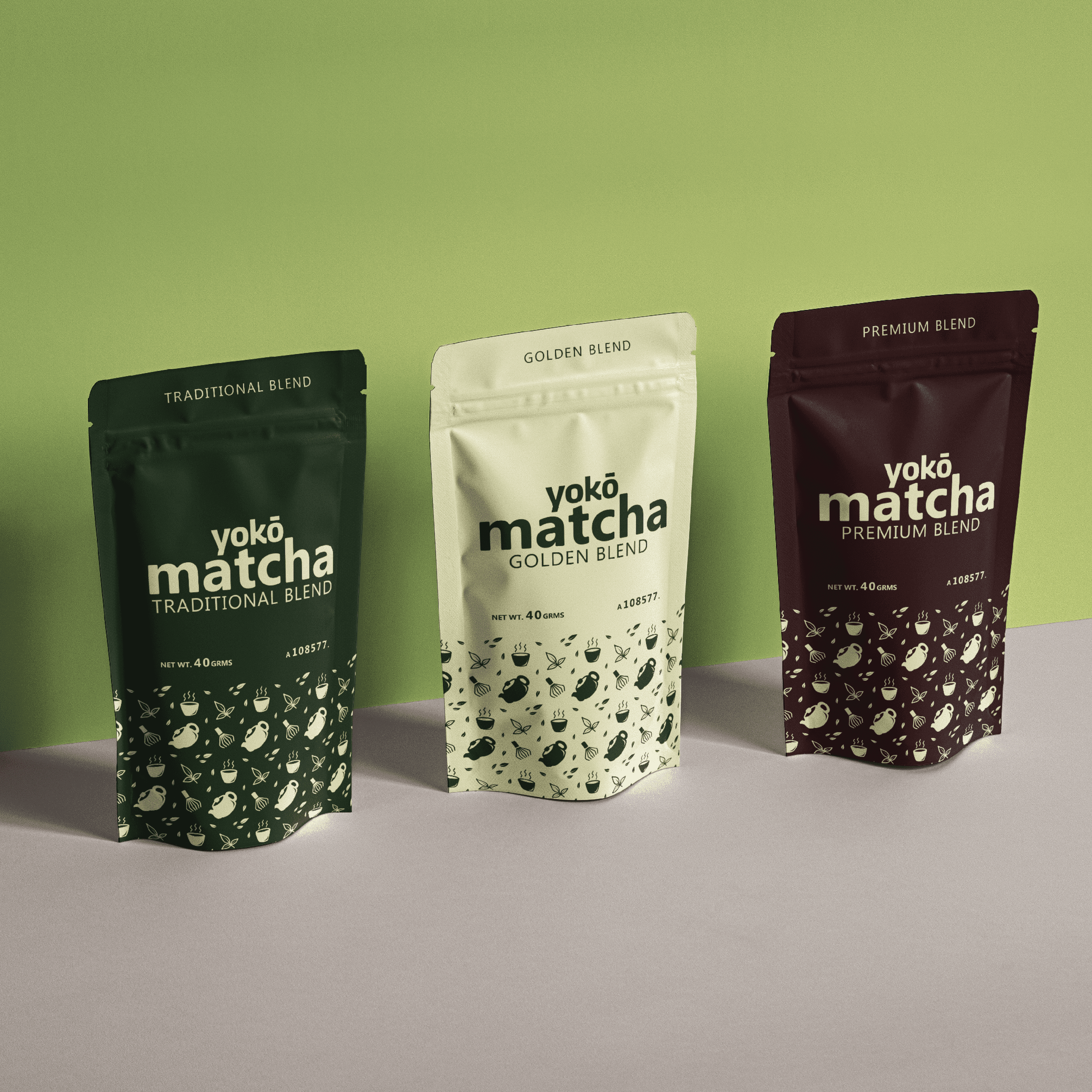 Bags of matcha tea from Alyssa Beauclerc's Yoko brand design.